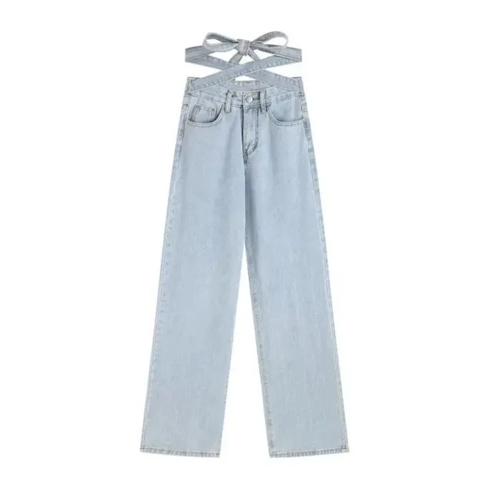 High Waist Strap Loose Wide Leg Trouser Pants Soft Denim Jeans