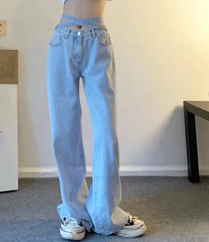 High Waist Strap Loose Wide Leg Trouser Pants Soft Denim Jeans
