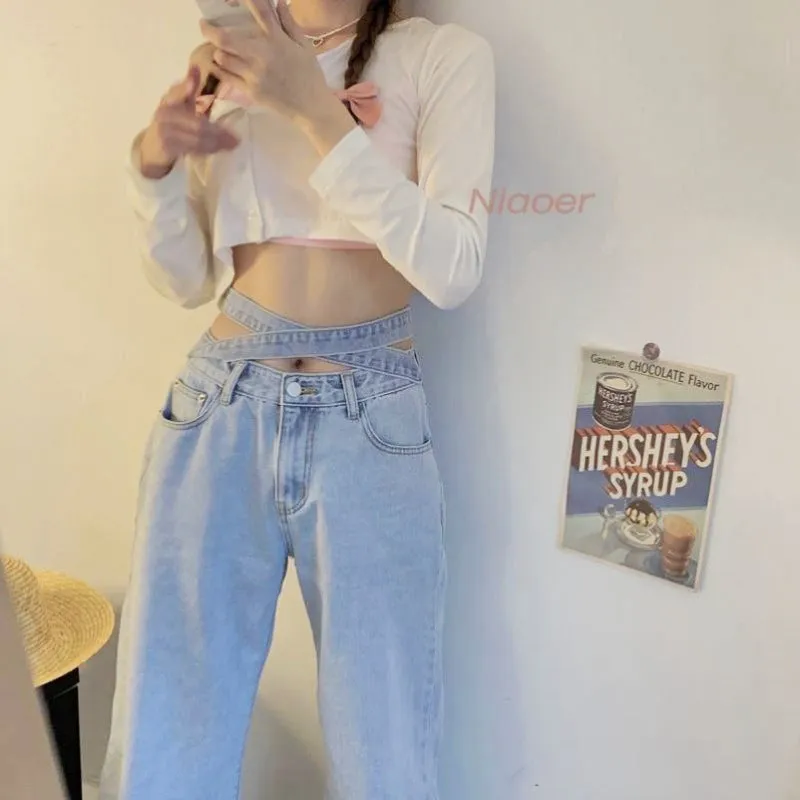 High Waist Strap Loose Wide Leg Trouser Pants Soft Denim Jeans