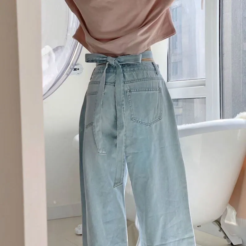 High Waist Strap Loose Wide Leg Trouser Pants Soft Denim Jeans