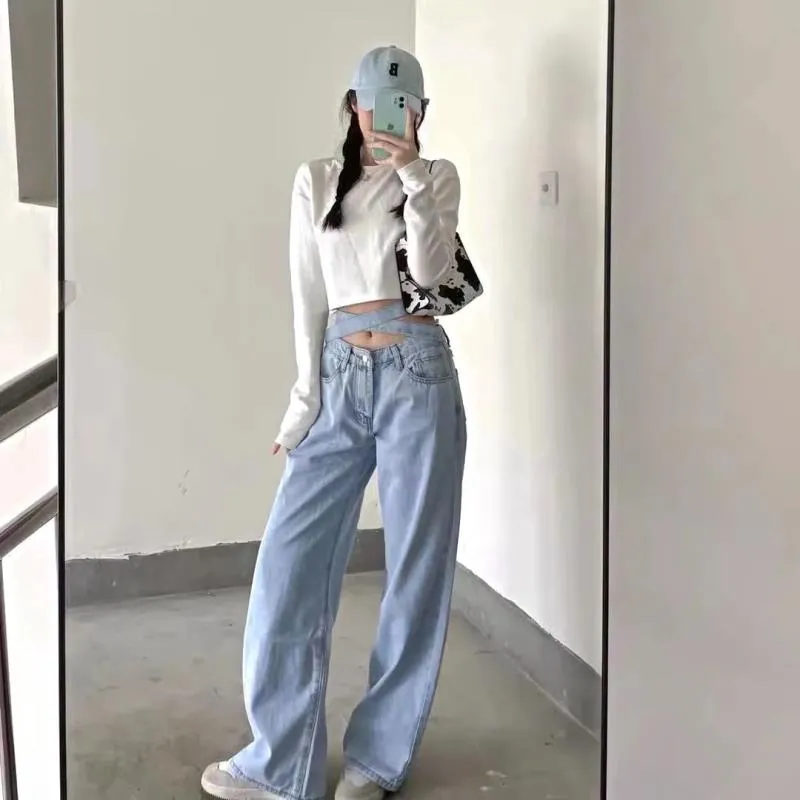 High Waist Strap Loose Wide Leg Trouser Pants Soft Denim Jeans